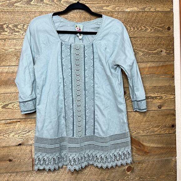 Johnny Was Lace Tunic Top Blouse Gray Embroidered Square Neck 3/4 Sleeve Size XS - Picture 1 of 4